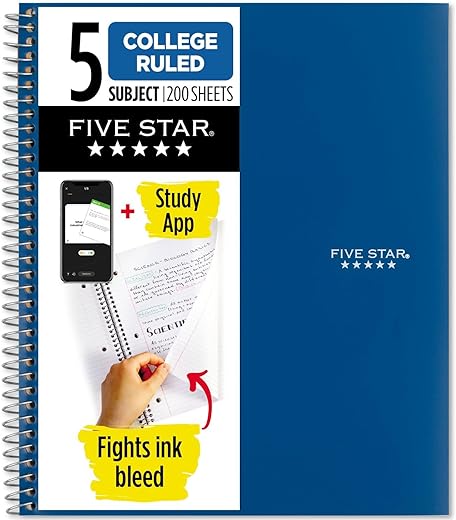 [0]Five Star Spiral Notebook + Study App, 5 Subject, College Ruled Paper, Fights Ink Bleed, Water Resistant Cover, 8-1/2" x 11", 200 Sheets, Blue (73635)