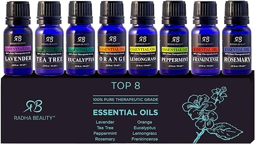 [1]Essential Oil Set - Aromatherapy for Diffusers, Massage. Candle Making, Soaps, Bath Bombs. Top 8-10mL Oils: Lavender, Peppermint, Lemongrass, Tea Tree, Orange, Eucalyptus, Rosemary and Frankincense.