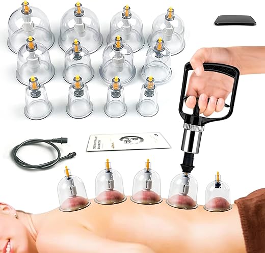 AIKOTOO Cupping Therapy Set w/ 12 Massage Cups for Back Pain Relief Physical Therapy with Hand Pump