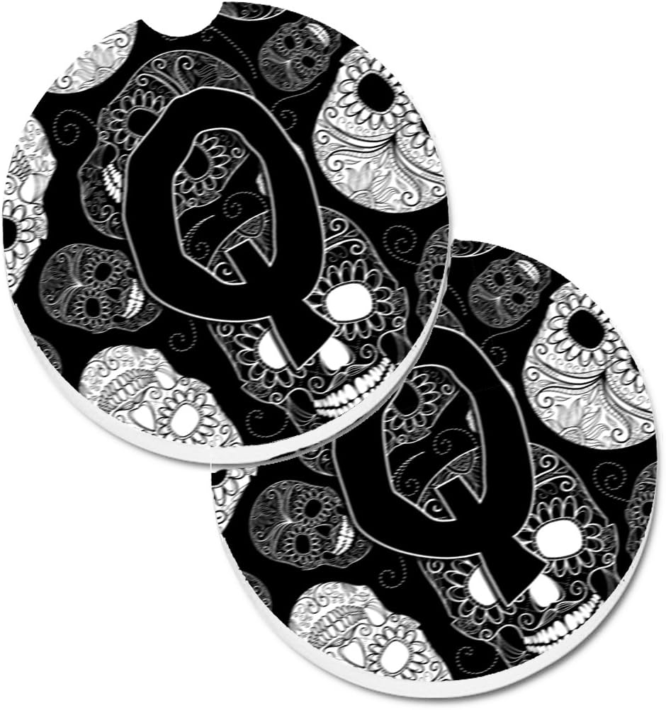 Caroline's Treasures CJ2008-QCARC Letter Q Day of The Dead Skulls Black Set of 2 Cup Holder Car Coasters Absorbent Sandstone Coasters for Car Cup Holders Gifts for Men or Women, Large, Multicolor