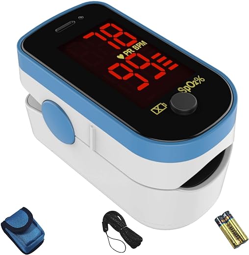 CHOICEMMED Finger Pulse Oximeter - Blue Blood Oxygen Monitor with Batteries - Portable O2 Saturation Sensor in Carry Pouch