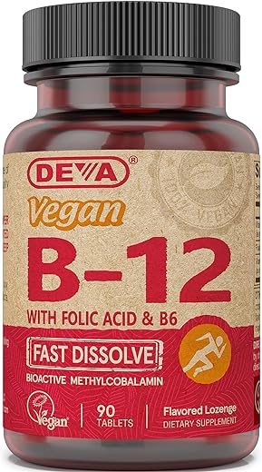 DEVA Vegan Vitamin B12 Fast Dissolve Supplement - Once-Per-Day Complex with 1000 Mcg Methylcobalamin B12, Folic Acid, B6 - Lemon Flavor - 90 Dissolvable Tablets,