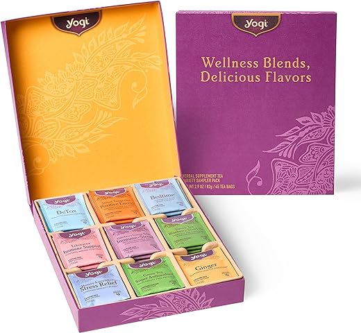 Favorites Yogi Tea Organic Sampler Gift Box - Assorted Delicious Wellness Teas - 9 Herbal, Green & Black Teas - Tea Gift Set & Variety Pack (45 Tea Bags)