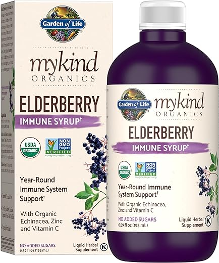 Garden of Life Organics Plant-Based Elderberry Immune Syrup 6.59 fl oz (195 Ml) for Kids & Adults: Sambucus, Echinacea, Zinc & Vitamin C, 0g Sugar, Organic Vegan Gluten Free Herbal Supplement