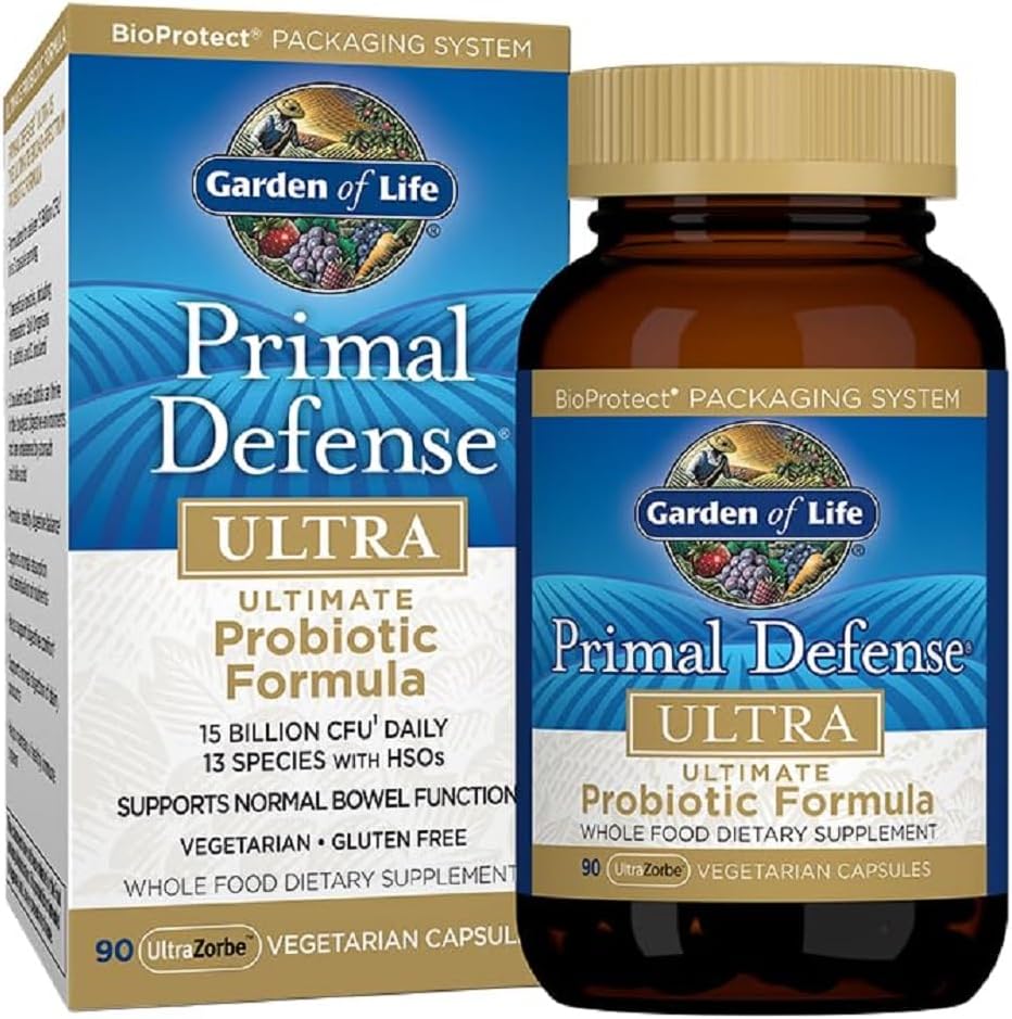 Garden of Life Primal Defense Ultra Ultimate Probiotic Formula - 15 Billion CFU and 13 Strains of Probiotics Plus HSOs for Healthy Digestive Balance, Vegetarian and Gluten Free, 90 Capsules