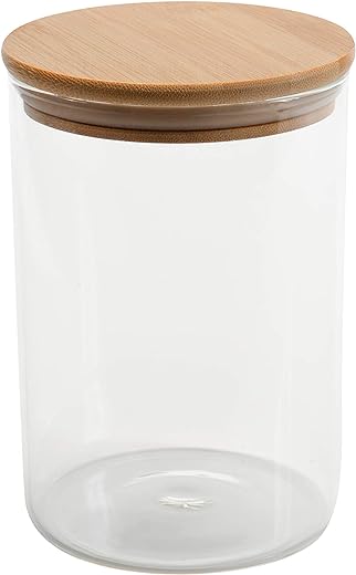 Kitchen Details Round Glass Jar | 1 Liter | Bamboo Airtight Seal Lid | Wide Mouth | Food Storage Canister | Tea or Coffee | Spices | Flour | Sugar | Clear