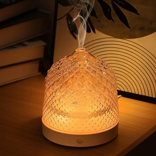 Lecdura Glass Essential Oil Diffuser, 200ml Ultrasonic Aroma Diffusers with Glass Reservoir Dome Lock Color Auto-Off Timer 7 Color Light for Gift Home Office Bedroom