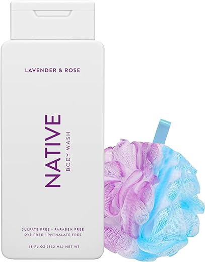 Native Natural Body Wash - Lavender & Rose, 18 oz Bundle with Loofah for Men & Women - Sulfate & Paraben Free, Gentle on Skin