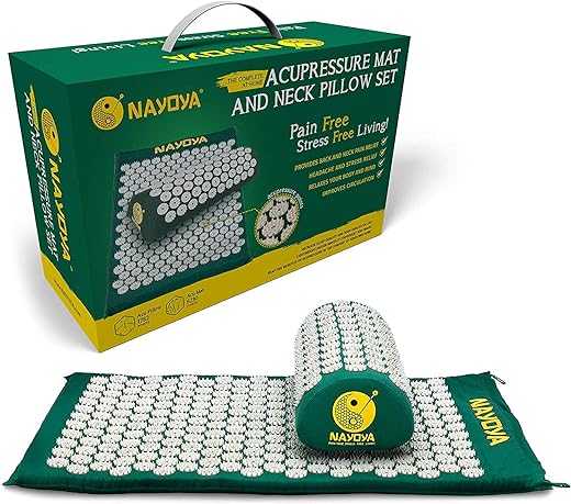 NAYOYA Neck and Back Pain Relief - Acupressure Mat and Neck Pillow Set - Relieves Stress and Sciatic Pain for Optimal Health and Wellness - Comes in a Carry Box with Handle for Storage and Travel