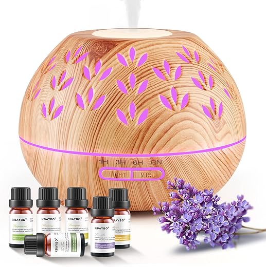 Oil Diffuser Essential Oils[6 Pack], 500ML Oil Diffuser Large Room,8 Colors+23dB Quiet Oil Diffuser with Essential Oils Included, Wood Made+Ultrasonic Oil Diffusers for Essential Oils, Diffuser Oil