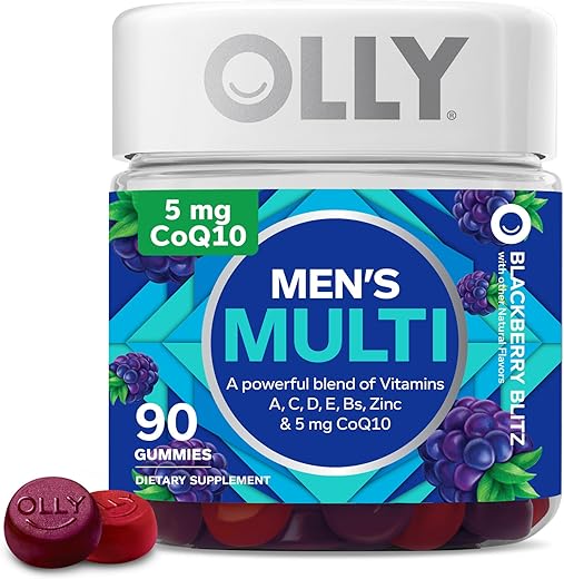 OLLY Men's Multivitamin Gummy, Overall Health and Immune Support, Vitamins A, C, D, E, B, Lycopene, Zinc, Adult Chewable Vitamin, Blackberry, 45 Day Supply - 90 Count