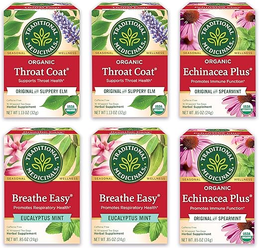 Traditional Medicinals Tea, Organic Seasonal Care Variety Pack, Throat Coat Tea, Echinacea Tea, Breathe Easy Tea with Eucalyptus to Support Respiratory Health, 96 Tea Bags, (6 Pack)