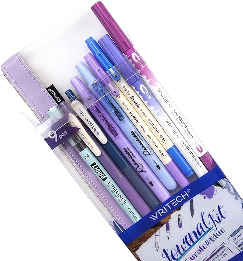 WRITECH Journaling Kit, Gel Ink Pens/Retractable Highlighters/Dual Tip Brush Pens/Fineliner Pens, Smooth Writing Assorted Colors Journaling Supplies, 9 Count with Pen Bag (Haze blue & purple)