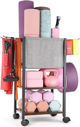 Yoga Mat Storage Rack Home Gym Equipment Workout Equipment Storage Organizer Yoga Mat Holder for Yoga Block,Foam Roller,Resistance Band,Dumbbell,Kettlebell and More Gym Accessories Gym Essentials Women Men Fitness Exercise Equipment Organization with Hooks Wheels