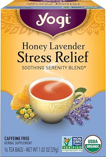 Yogi Tea Honey Lavender Stress Relief Tea - 16 Tea Bags per Pack (4 Packs) - Organic Chamomile Lavender Tea - Includes Lemon Balm, Lemongrass, Spearmint Leaf, Peppermint Leaf, Honey Flavor & More